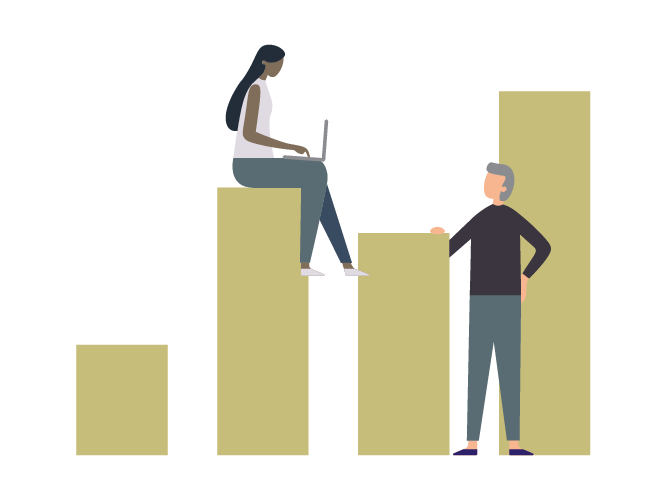 2 people are talking amongst a large bar graph